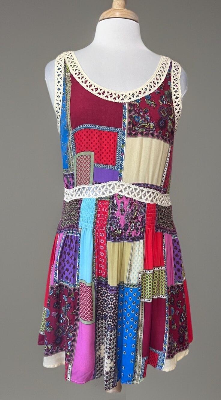 ENTRO Womens M Hippie Boho Patchwork Crochet Babydoll Peasant Dress Sleeveless